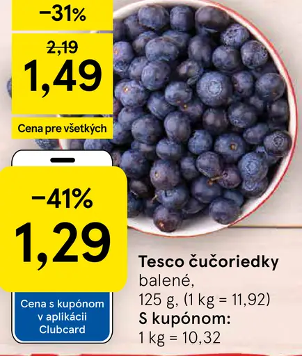 Tesco čučoriedky – cena s kupónom Clubcard