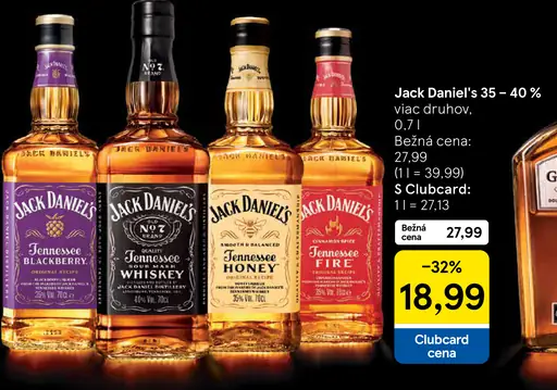 Jack Daniel's Tennessee Blackberry, Old No. 7 Tennessee Whiskey, Tennessee Honey, Tennessee Fire – rôzne druhy whisky