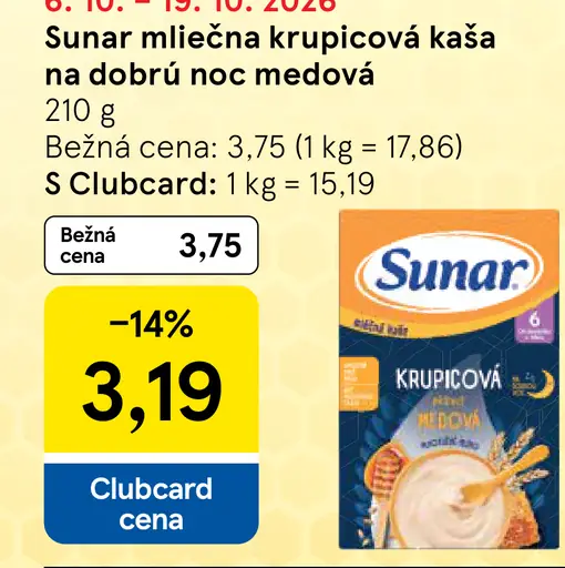 Sunar mliečna krupicová kaša na dobrú noc medová