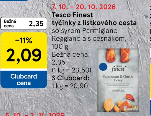 Tesco Finest tyčinky z lístkového cesta so syrom parmezán reggiano a s cesnakom