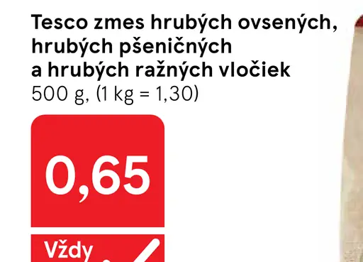 Tesco zmes hrubých ovsených, hrubých pšeničných a hrubých ražných vločiek