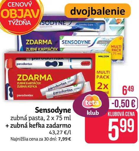 Sensodyne zubná pasta + zubná kefka zadarmo