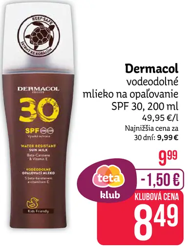 Dermacol vodeodolné mlieko na opaľovanie SPF 30