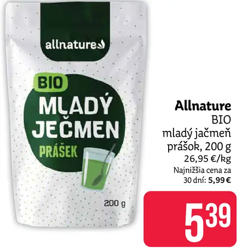 Allnature BIO mladý jačmeň prášek