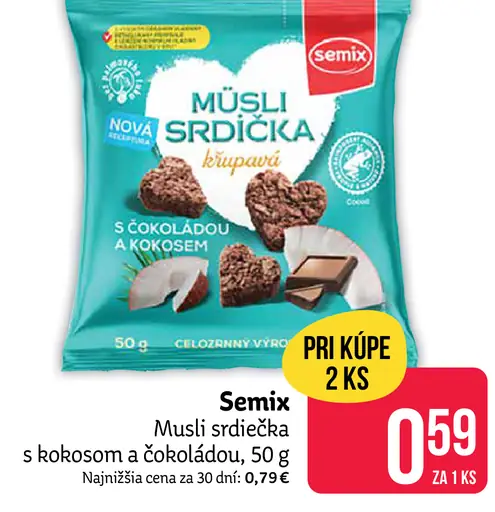 Müsli srdiečka s čokoládou/pekanovými orechami a kokosom Semix