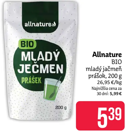 Allnature BIO mladý jačmeň prášek