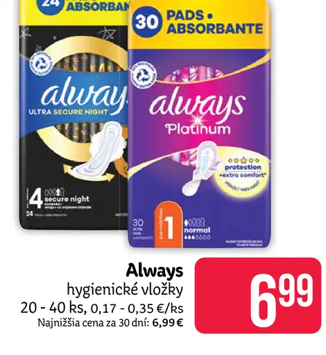 Always hygienické vložky Ultra a Platinum rôzne druhy