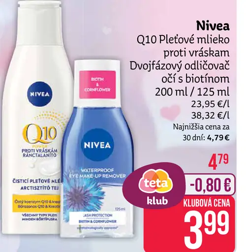 Nivea Q10 pleťové mlieko proti vráskam Duoľúčový odličovač očí s biotínom