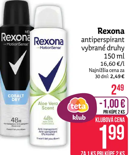 Rexona antiperspirant vybrané druhy (klubová cena)
