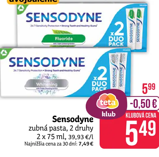 Sensodyne zubná pasta, 2 druhy, dvojbalenie