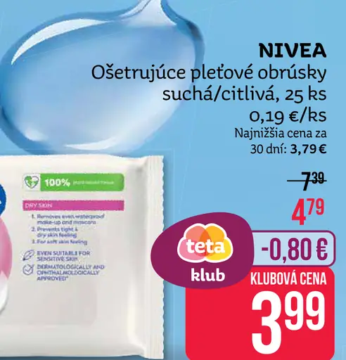 Nivea ošetrujúce pleťové obrúsky suchá/citlivá pleť