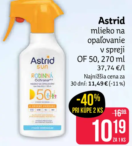 Astrid mlieko na opaľovanie v spreji OF 50