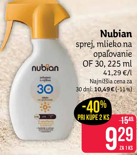 Nubian sprej, mlieko na opaľovanie OF 30