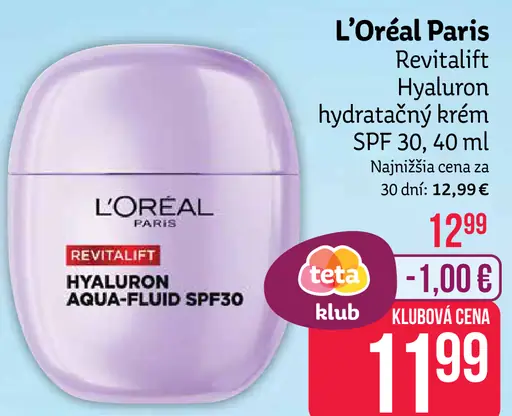 L'Oréal Paris Revitalift Hyaluron hydratačný krém SPF 30