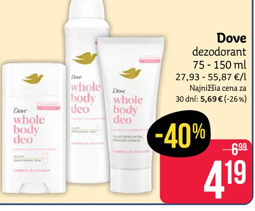 Dove dezodorant, varianty Whole Body Deo, 75–150 ml
