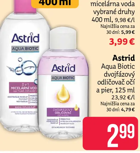 Astrid Aqua Biotic micelárna voda, vybrané druhy