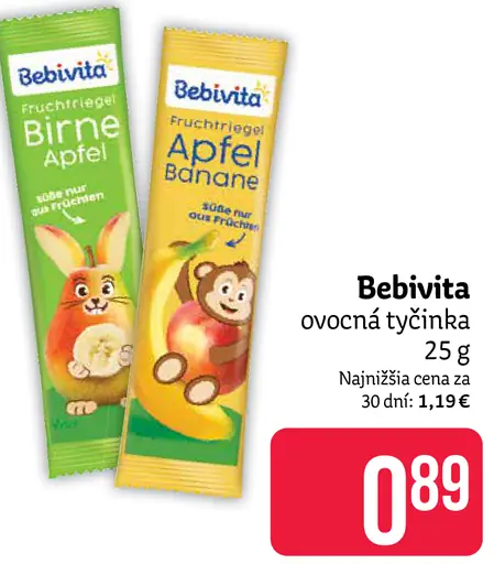 Bebivita ovocná tyčinka, hruška a jablko; jablko a banán