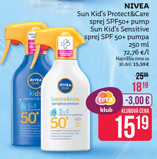 Nivea Sun Kid's Sensitive sprej SPF 50+ pumpa