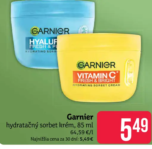 Garnier hydratačný sorbet krém – Hyaluron Fresh & Bright, Vitamin C Fresh & Bright
