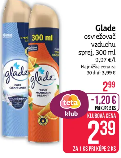 Glade osviežovač vzduchu sprej, varianty Pure Clean Linen a Fresh Mandarin Dream