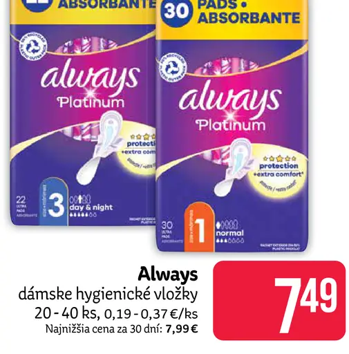 Always Platinum dámske hygienické vložky, varianty 20–40 ks