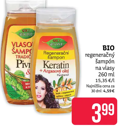 BIO vlasový šampón Tradičný a regeneračný šampón Keratín + Arganový olej