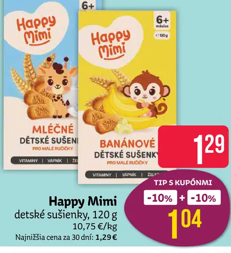Happy Mimi detské sušienky mliečne banánové kakaové