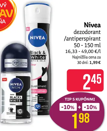 Nivea deodorant/antiperspirant Black & White, Invisible, rôzne druhy