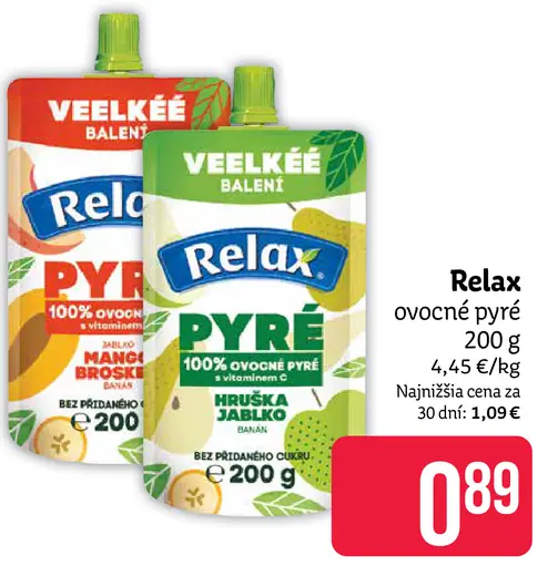Relax ovocné pyré – mango a broskyňa; hruška, jablko a banán