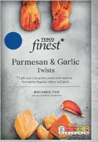 Tesco Finest tyčinky z lístkového cesta so syrom parmezán reggiano a s cesnakom