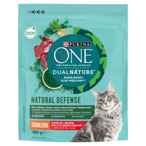 PURINA ONE DualNature NATURAL DEFENSE Sterilised s hovädzím a spirulinou