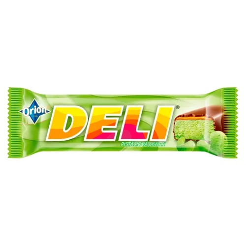 ORION DELI tyčinka s pistáciovou príchuťou a karamelom máčaná v horkej čokoláde