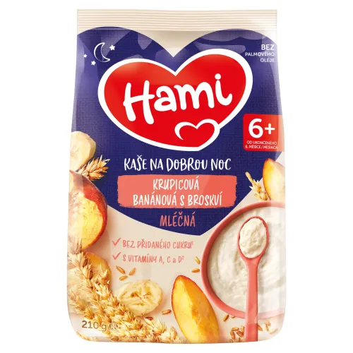 Hami Kaša na dobrú noc mliečna kaša krupicová banánová s broskyňou