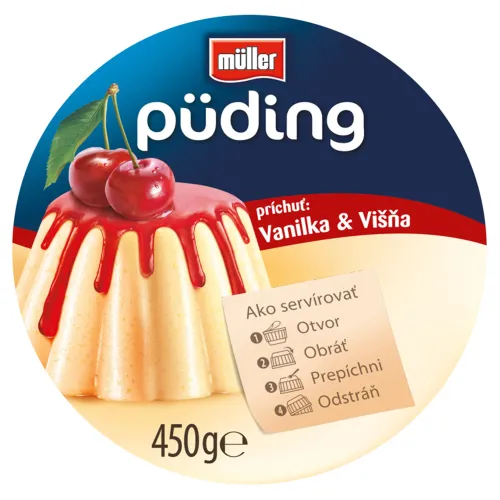 Müller Mliečny krupicový puding s vanilkovou a s višňovou príchuťou