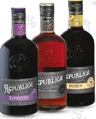 Republica rum alebo rumový likér rôzne druhy 30 – 38 % alk.