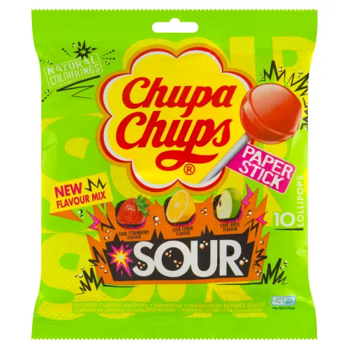 Chupa Chups Sour zmes dropsov s príchuťami jahoda, jablko a citrón