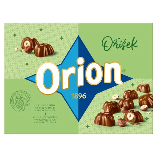 ORION Oriešok pralinky s lieskovým orieškom v lieskovoorieškovej náplni a mliečnej čokoláde