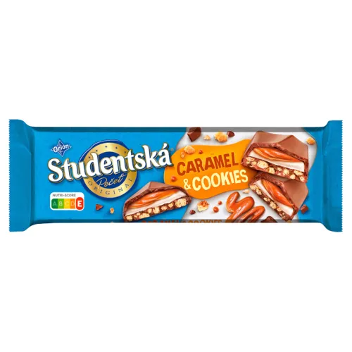 ORION ŠTUDENTSKÁ PEČAŤ Caramel & Cookies, čokoláda s kúskami sušienok a karamelovou náplňou