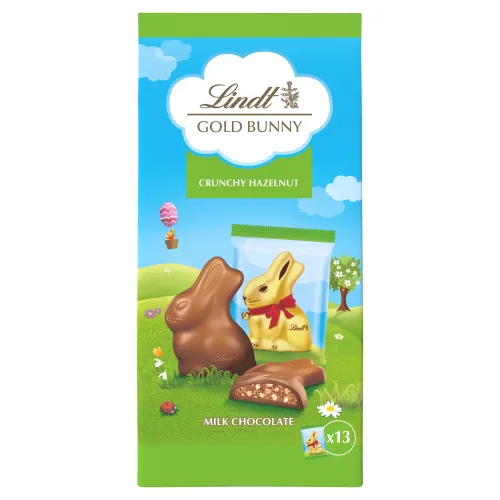 Lindt Gold Bunny mliečna čokoláda s lieskovoorieškovou náplňou a ryžovými chrumkami