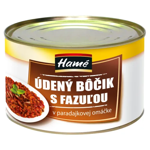 Hamé Údený bôčik s fazuľou v paradajkovej omáčke