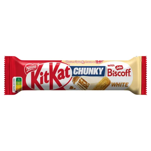 KITKAT CHUNKY white Lotus Biscoff tyčinka s oblátkou v bielej poleve a náplňou s kúskami sušienok 42