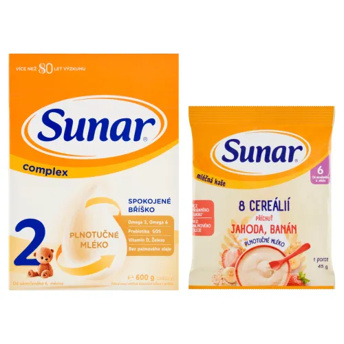 Sunar Complex 2 dojčenská mliečna výživa v prášku 2 x(600 g) + mliečna kaša 8 cereálií
