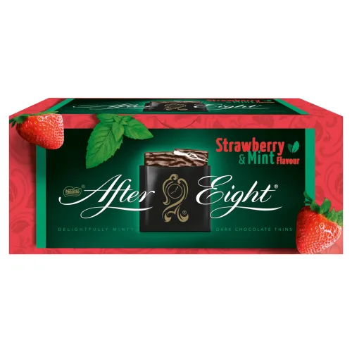 AFTER EIGHT Jahoda, horká čokoláda s pepermintovou náplňou a jahodovou príchuťou