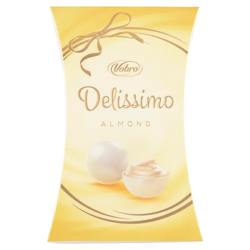 Vobro Delissimo bonbóny z bielej čokolády plnené krémom s kokosovou príchuťou a celými mandľami