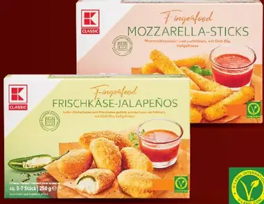 K-Classic syrové polotovary, mozzarella sticks a Frischkäse-Jalapeños, s omáčkou