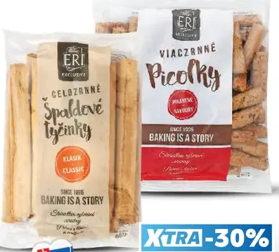 Eri slané pečivo, celozrnné špaldové tyčinky a viaczrnné picosky