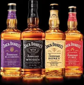 Jack Daniel's Tennessee Blackberry, Old No. 7 Tennessee Whiskey, Tennessee Honey, Tennessee Fire – rôzne druhy whisky