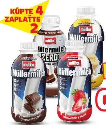 Müllermilch mliečny nápoj, čokoládový, jahodový a banánový
