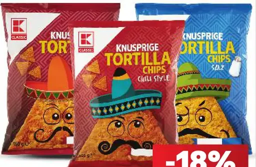 K-Classic tortilla chips, rôzne druhy