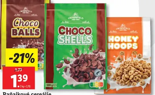 Crownfield Choco Shells chutné čokoládové mušličky - Raňajkové cereálie
